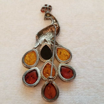 Silver Amber Peacock Brooch