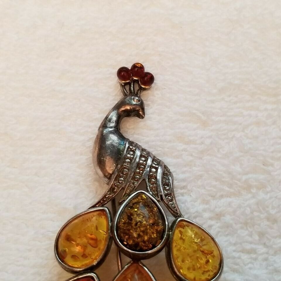 Silver Amber Peacock Brooch