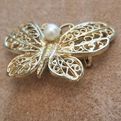 Gold Tone Butterfly Pearl Brooch