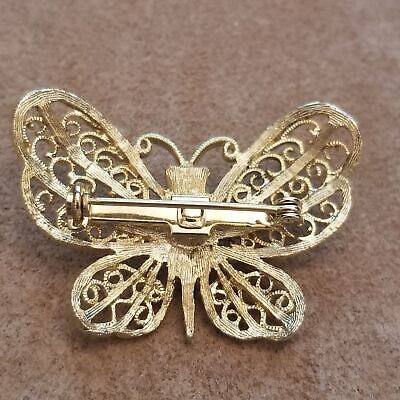 Vintage Butterfly Brooch – Gold Tone Filigree with Faux Pearl Accent