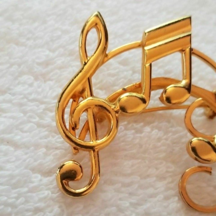 Gold Tone Music Staff Notes Brooch
