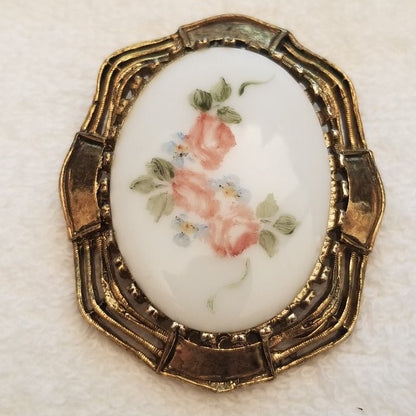 Vintage Hand Painted Flower Ceramic Brooch