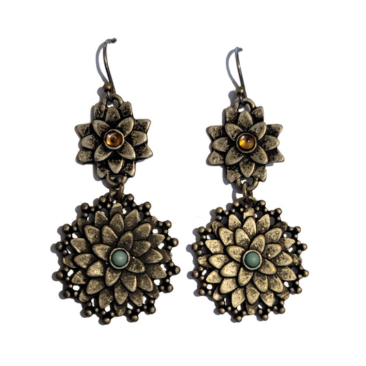 Silver Tone Flower Dangle Earrings