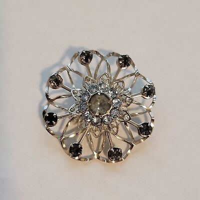 Blue Rhinestone Flower Brooch