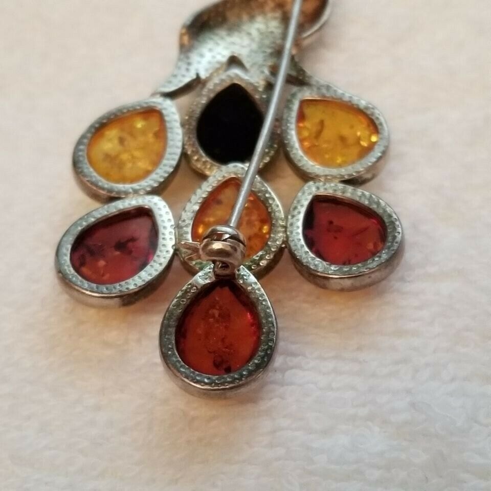 Silver Amber Peacock Brooch