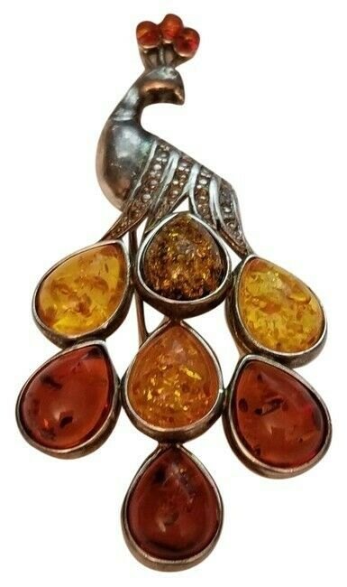 Silver Amber Peacock Brooch