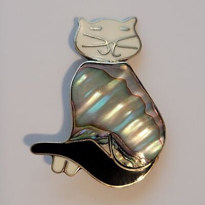 Vintage Abalone Mexico Silver Tone Cat Brooch