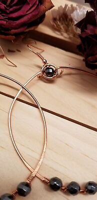 Handmade Hematite Copper Hoop Wire Wrapped Earrings