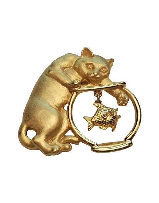 Gold Tone Cat And Fish Bowl Brooch