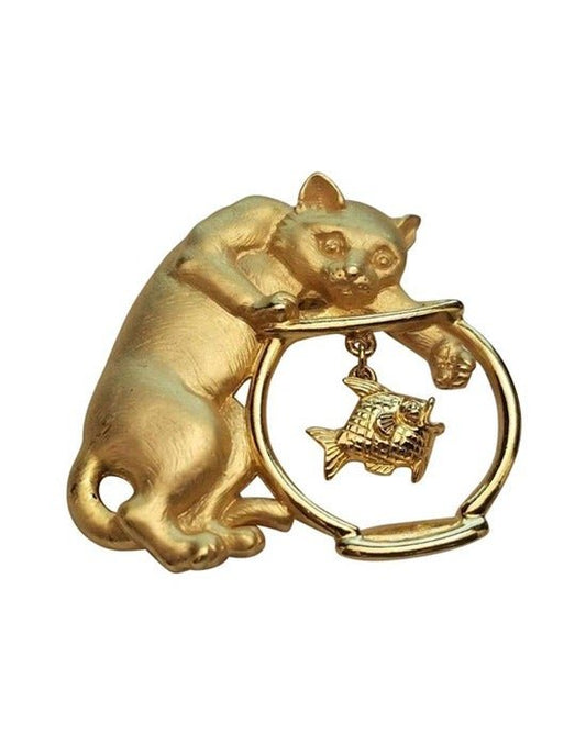 Gold Tone Cat And Fish Bowl Brooch