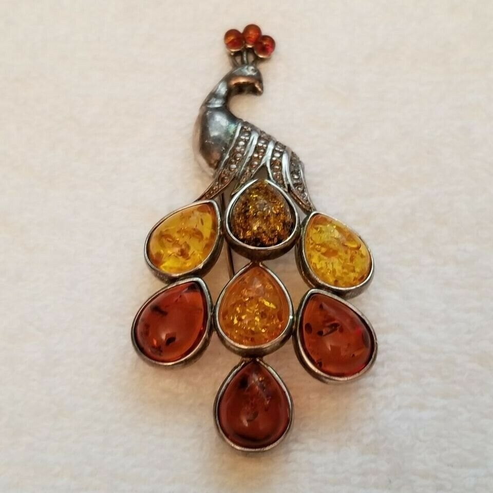 Silver Amber Peacock Brooch