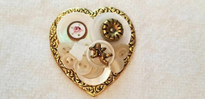 Gold Tone Heart Button Brooch