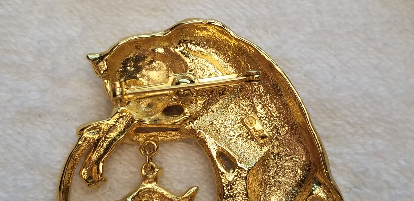 Gold Tone Cat And Fish Bowl Brooch
