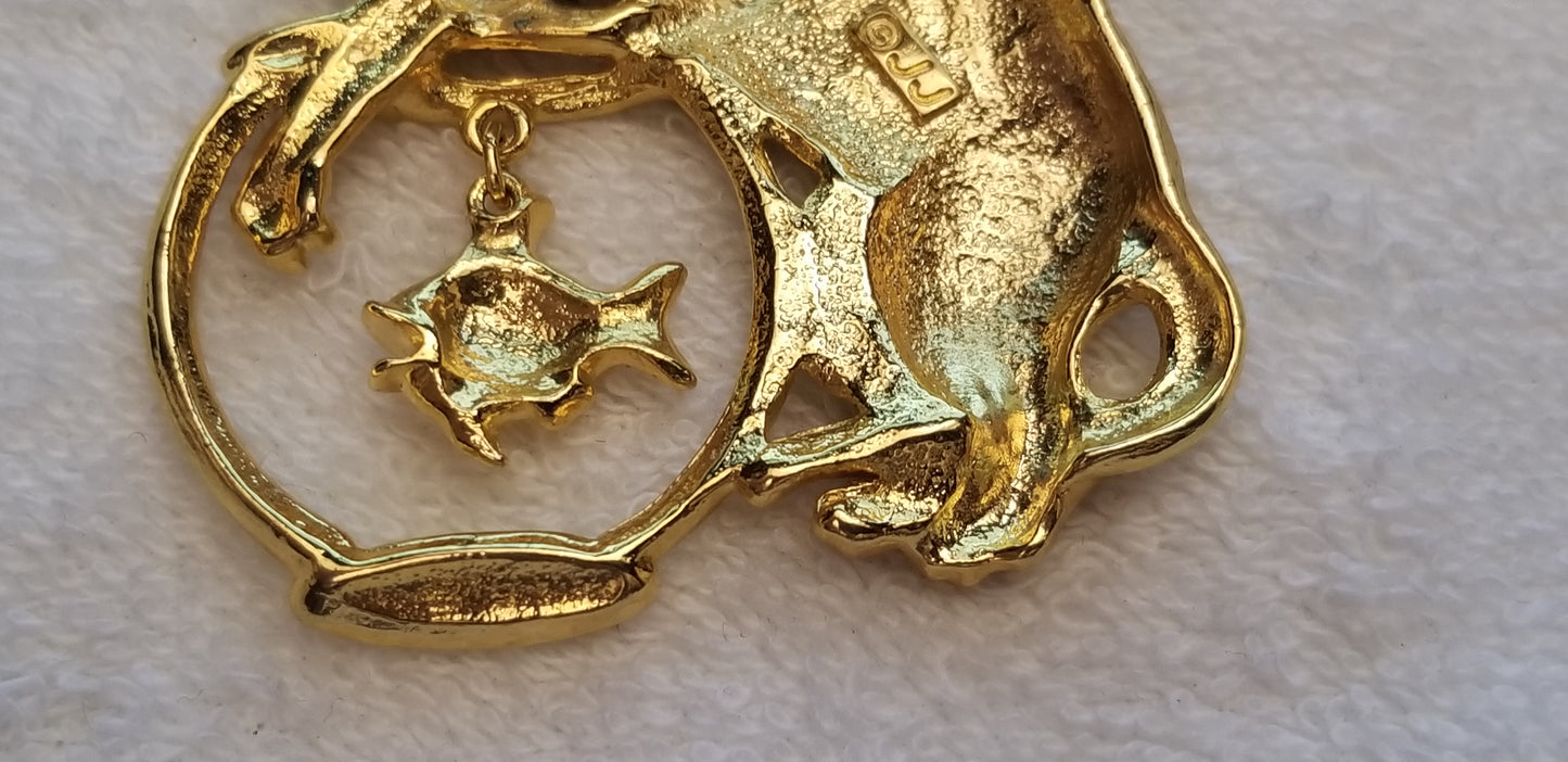 Gold Tone Cat And Fish Bowl Brooch