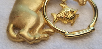 Gold Tone Cat And Fish Bowl Brooch