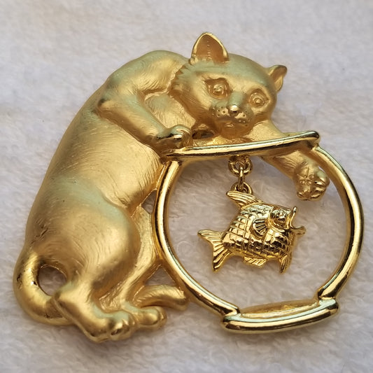 Gold Tone Cat And Fish Bowl Brooch