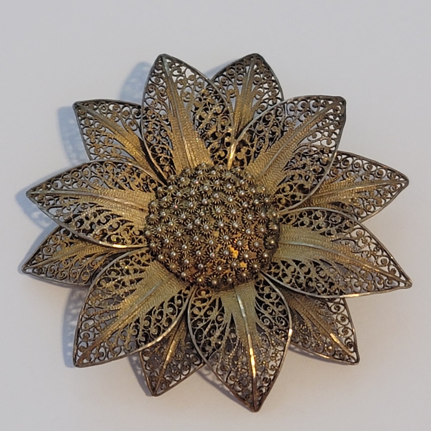 Vintage Gold Wash Vermeil Silver Filigree Sunflower Brooch