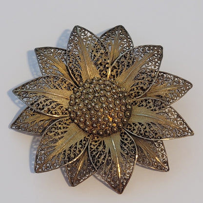 Vintage Gold Wash Vermeil Silver Filigree Sunflower Brooch