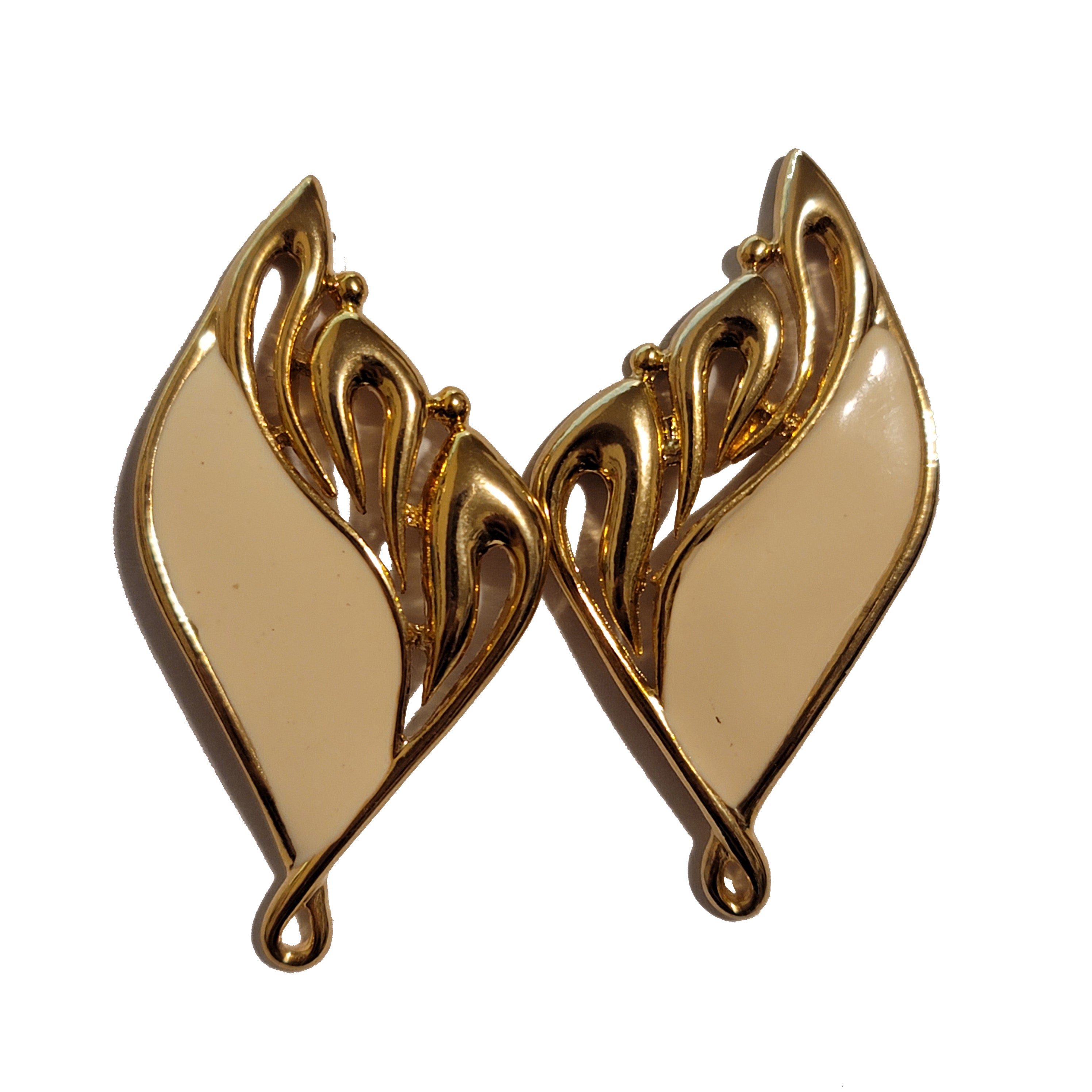 Gold Tone Beige Enamel Earrings