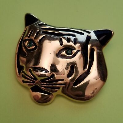 Gold Tone Green Eyed Tiger Brooch