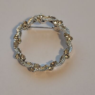 Vintage Silver Tone Rhinestone Wreath Brooch