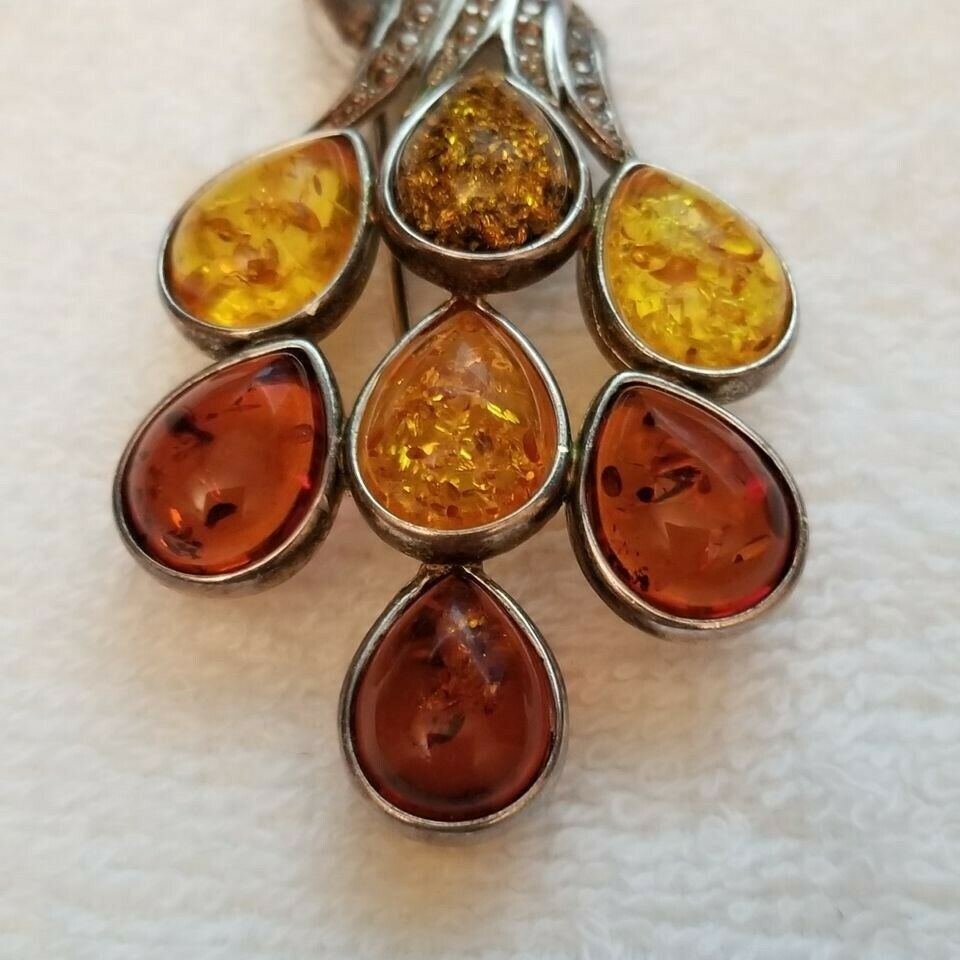 Silver Amber Peacock Brooch