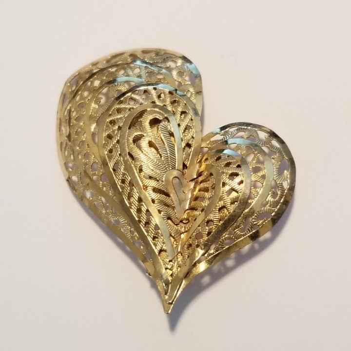 Gold Tone Asymmetrical Heart Brooch