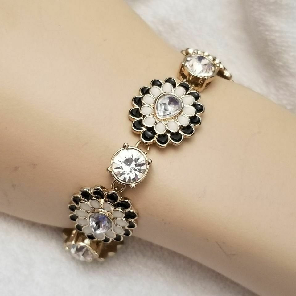 Gold Tone Flower Enamel Rhinestone Bracelet