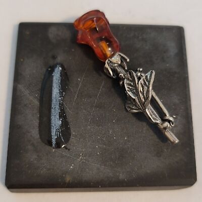 Silver Amber Rose Brooch