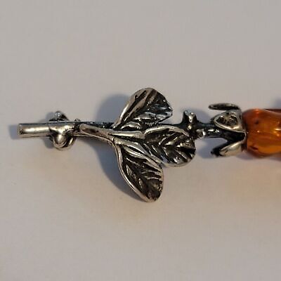 Silver Amber Rose Brooch