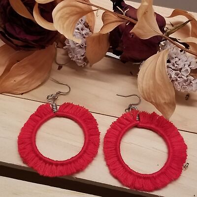 Handmade Red Fringe Hoop Earrings
