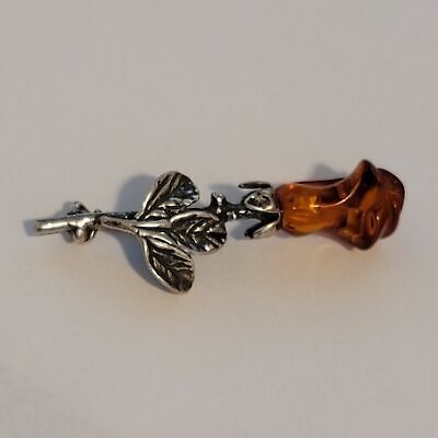 Silver Amber Rose Brooch