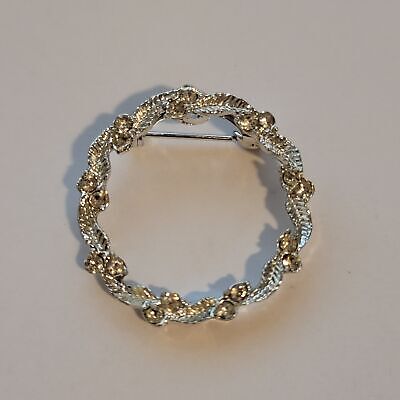 Vintage Silver Tone Rhinestone Wreath Brooch