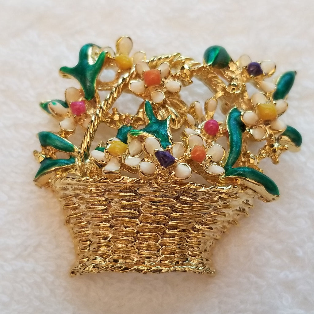 Beautiful Enamel Flower Basket Brooch