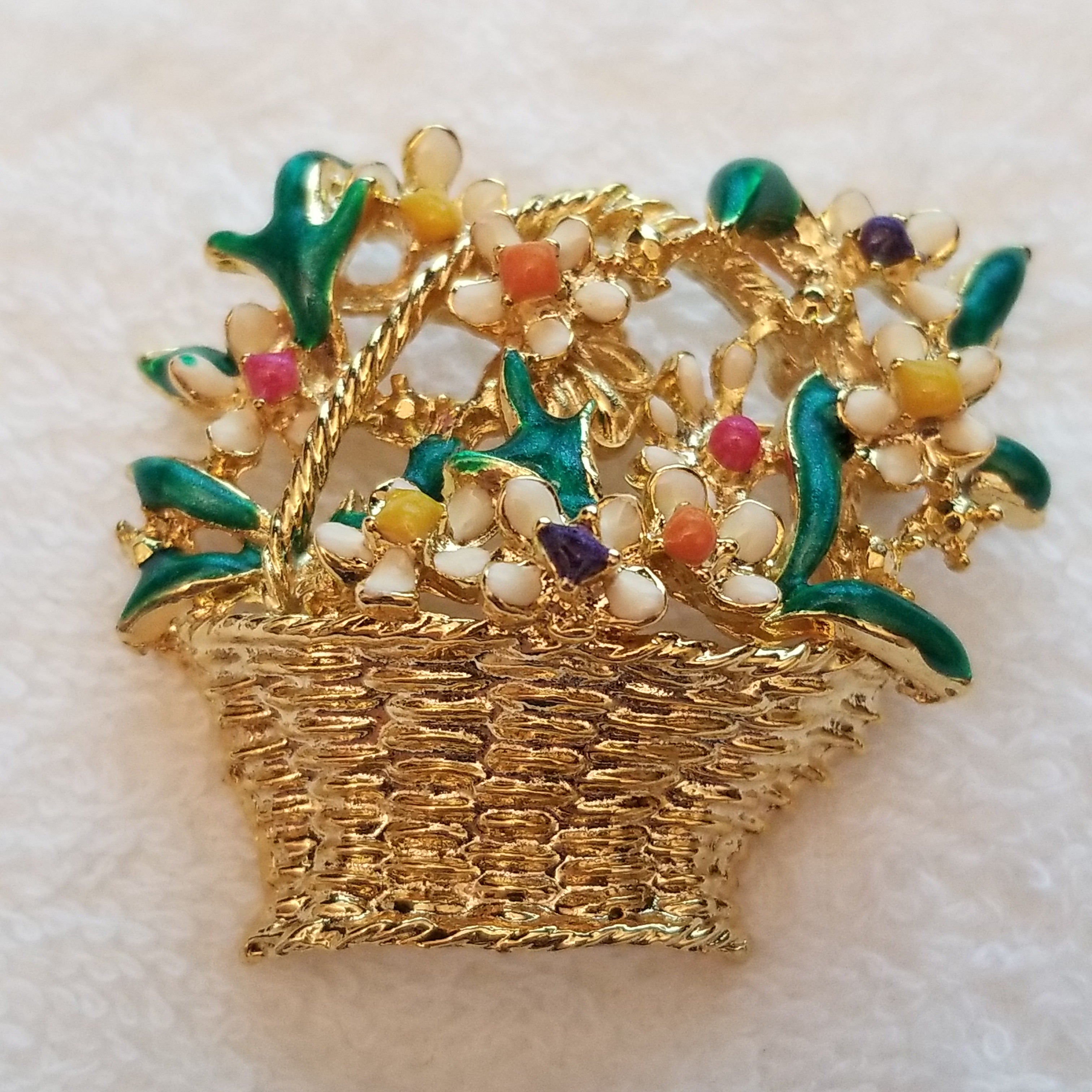 Beautiful Enamel Flower Basket Brooch