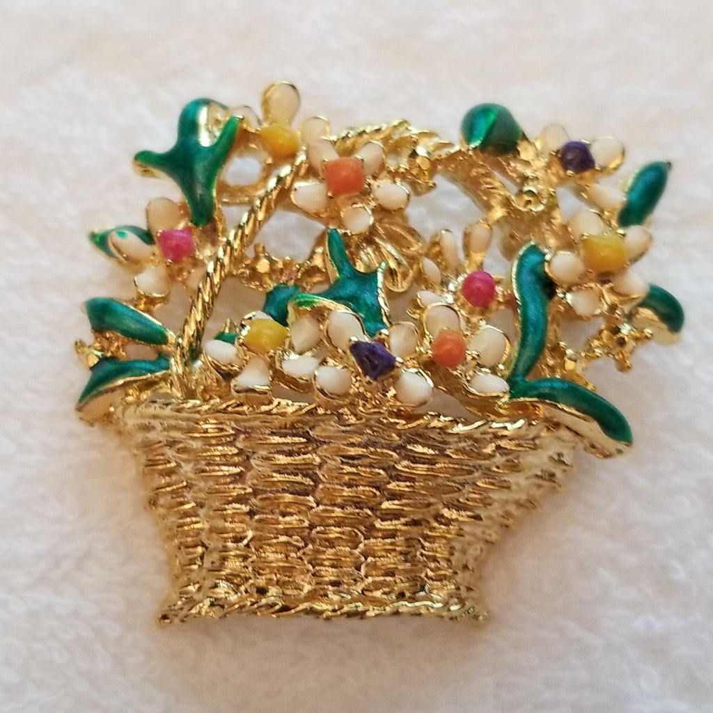 Beautiful Enamel Flower Basket Brooch