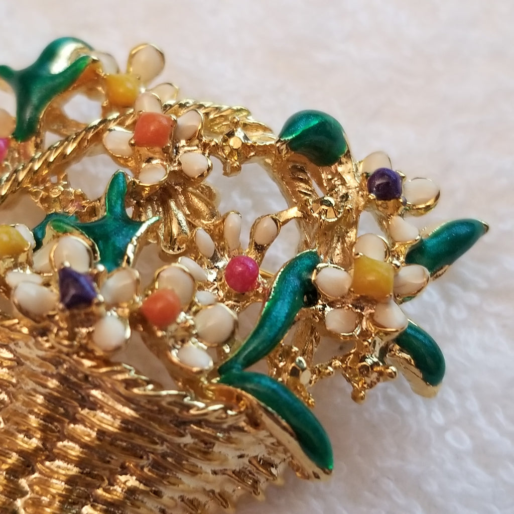 Beautiful Enamel Flower Basket Brooch