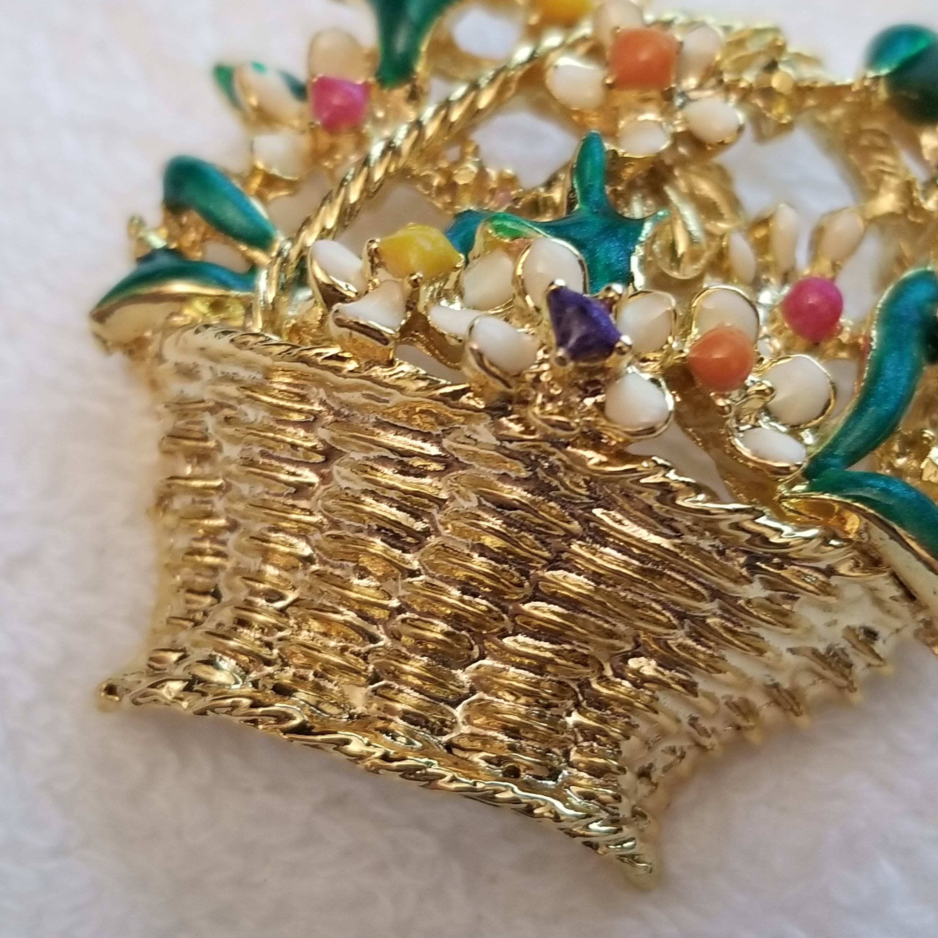 Beautiful Enamel Flower Basket Brooch