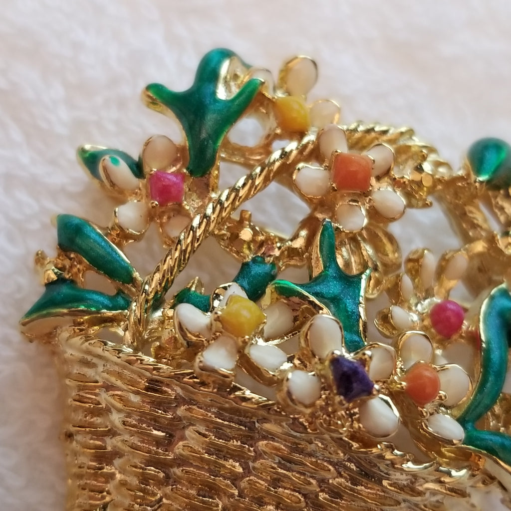 Beautiful Enamel Flower Basket Brooch