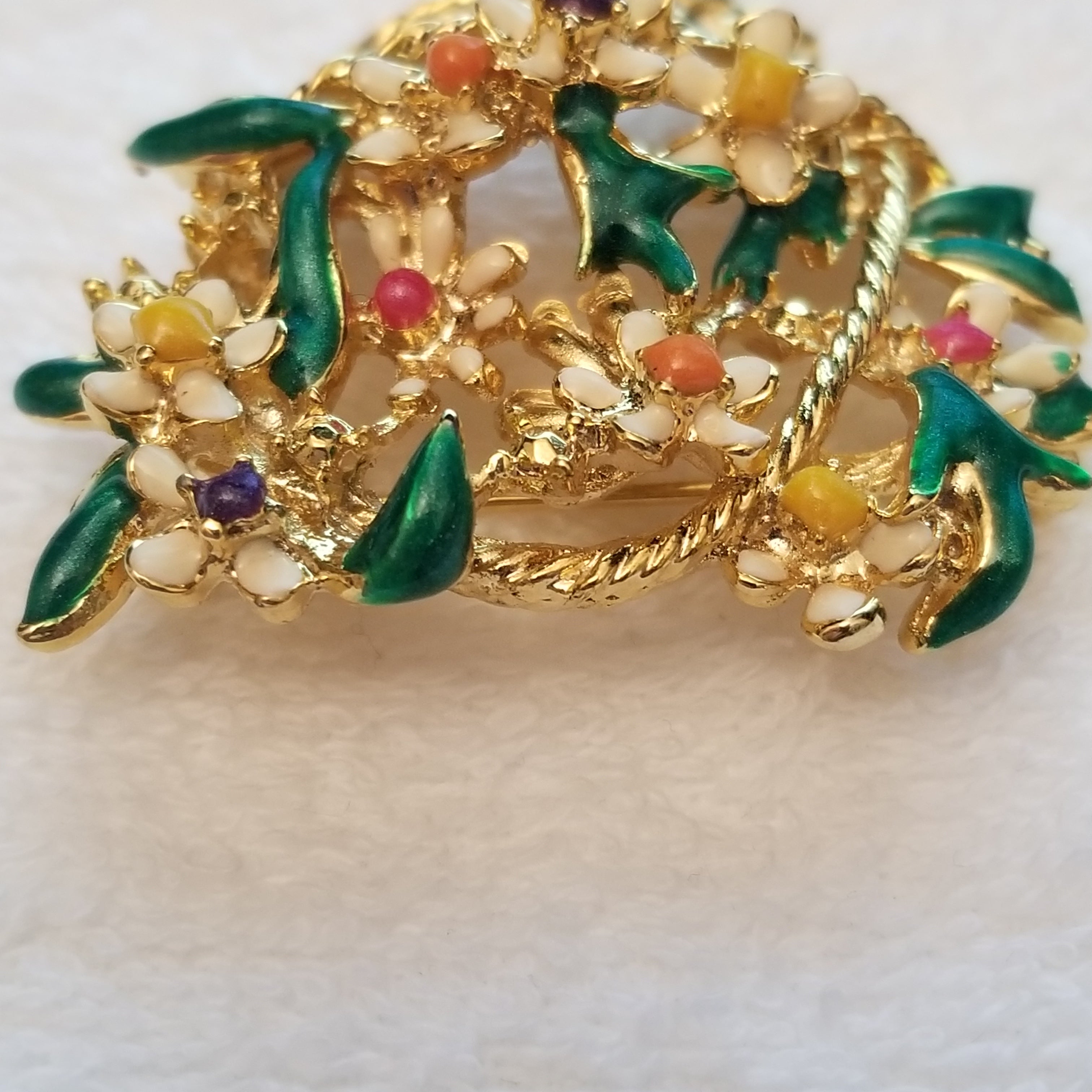 Beautiful Enamel Flower Basket Brooch