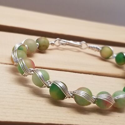 Handmade Sherbet Lime Bead Silver Tone Wire Wrapped Bracelet