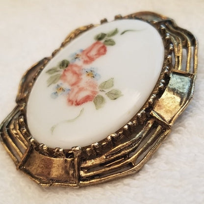 Vintage Hand Painted Flower Ceramic Brooch
