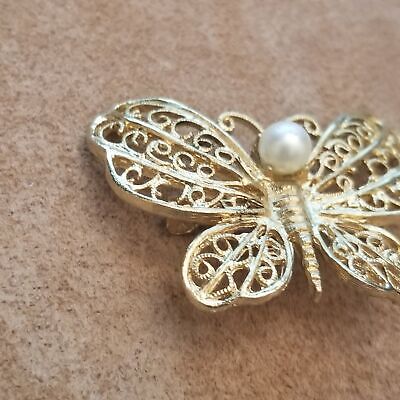 Gold Tone Butterfly Pearl Brooch