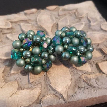 Vintage Beaded Button Clip On Earrings