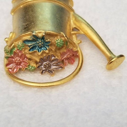 Gold Tone Water Can With Flowers Brooch