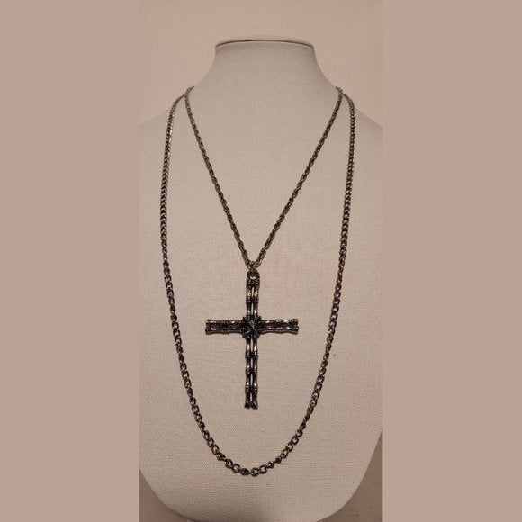 Silver Tone Double Strand Cross Necklace