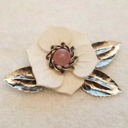 Silver Tone White Flower Brooch