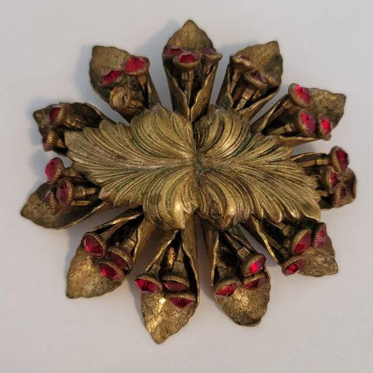 Vintage Gold Tone Red Rhinestone Brooch