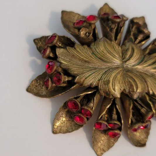 Vintage Gold Tone Red Rhinestone Brooch