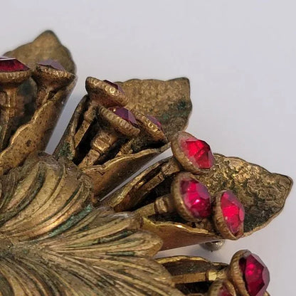 Vintage Gold Tone Red Rhinestone Brooch